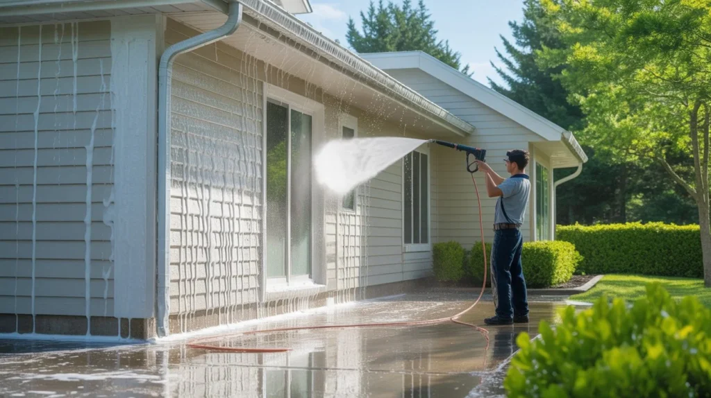 What Is House Washing? exterior siding being cleaned with pressure washer
