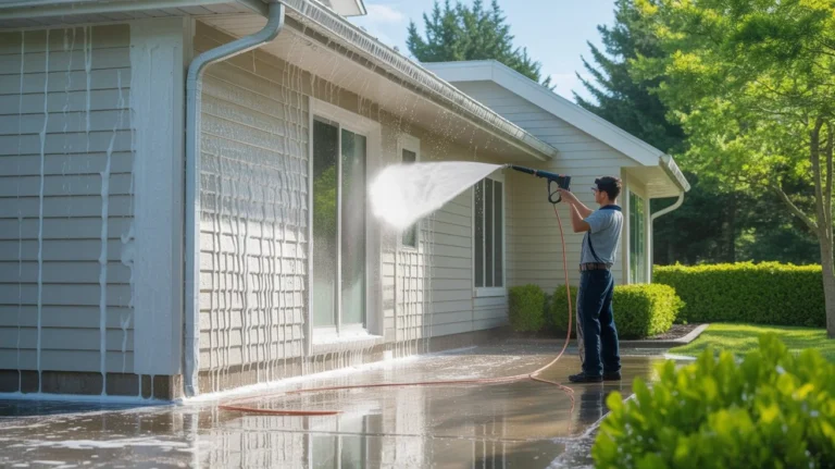 What Is House Washing? exterior siding being cleaned with pressure washer