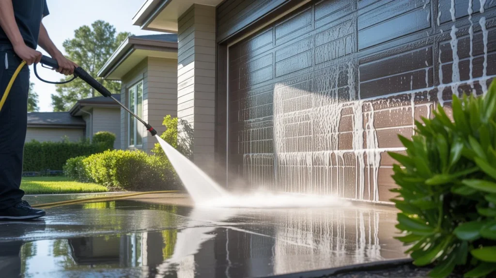 What Is House Washing? pressure washing driveway and garage door with soap