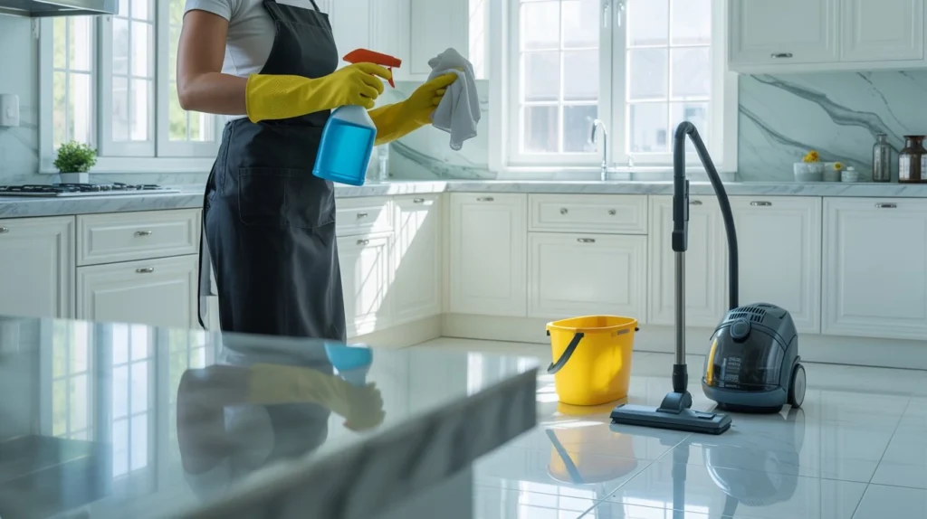 Professional cleaner demonstrating the 7 stages of cleaning in a modern white kitchen with spray bottle, microfiber cloth, yellow bucket, and vacuum cleaner