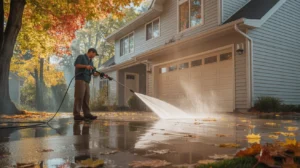 Can I Powerwash in October? Professional driveway pressure washing service removing autumn leaves and dirt from a residential home exterior