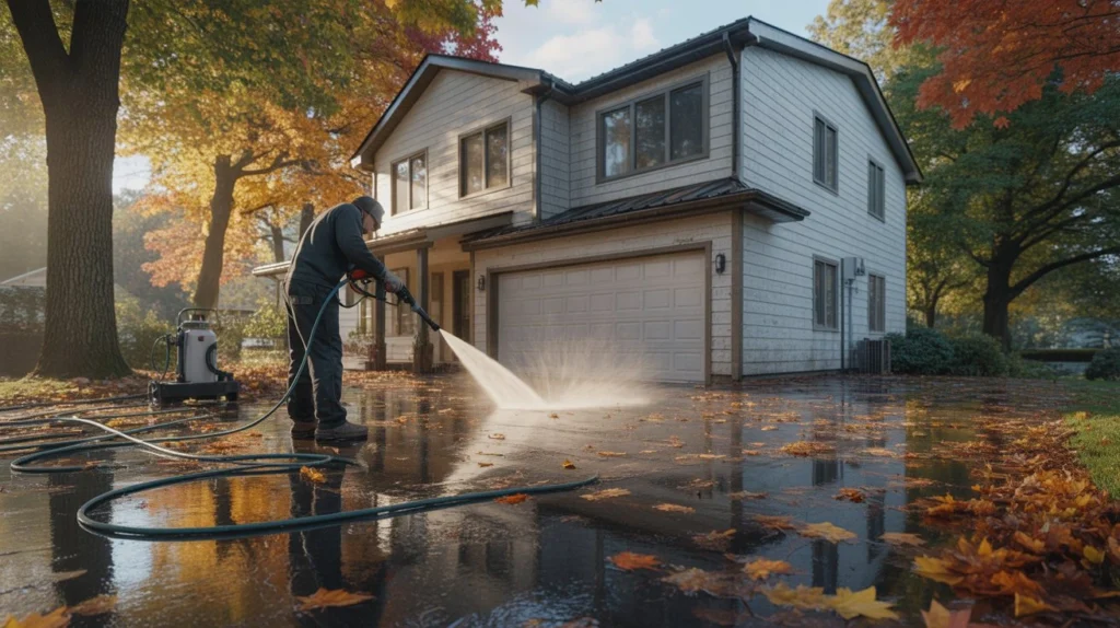Can I Powerwash in October? Exterior house washing and driveway cleaning during fall season with wet leaves and autumn landscape