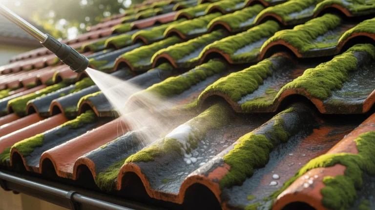 Can I Pressure Wash Roof Tiles? Close-up of a pressure washer cleaning moss and dirt from roof tiles safely.