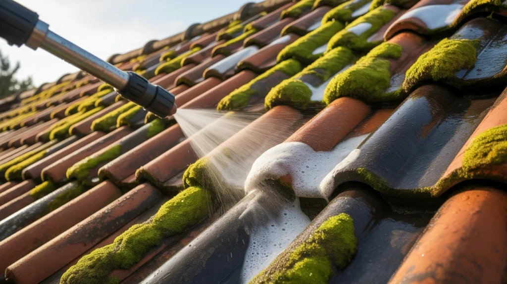 Can I Pressure Wash Roof Tiles? Roof tiles being cleaned with a pressure washer to remove moss and grime