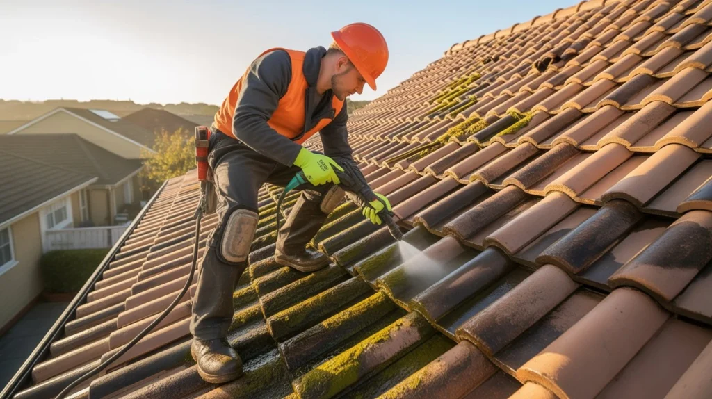 Can I Pressure Wash Roof Tiles? Professional worker pressure washing roof tiles on a residential home.