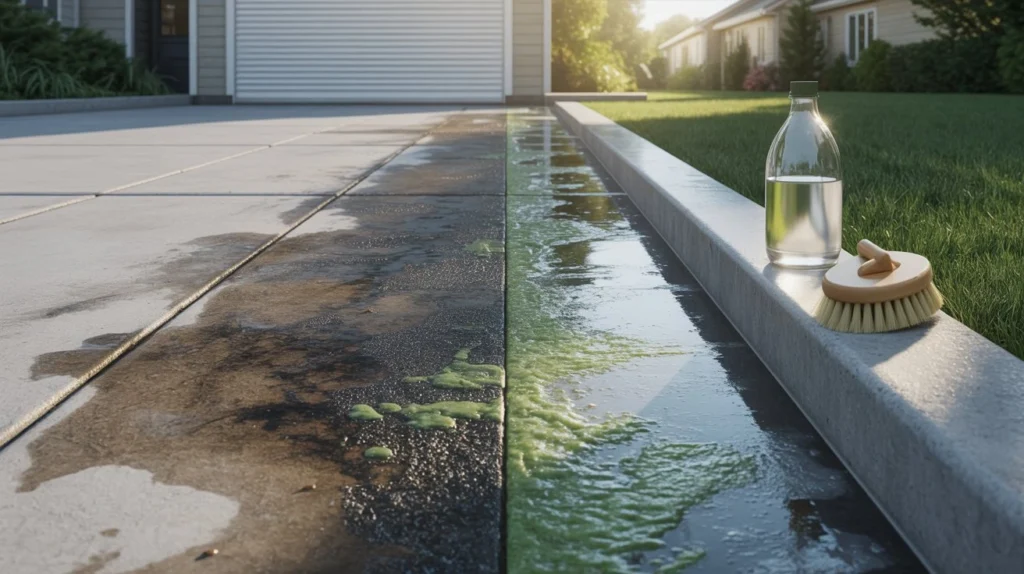 Can vinegar really clean your driveway — before and after concrete driveway cleaning with vinegar bottle and scrub brush on curb