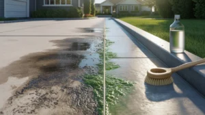 Can vinegar really clean your driveway — split view showing dirty stained concrete on left and clean concrete on right with vinegar bottle and scrub brush