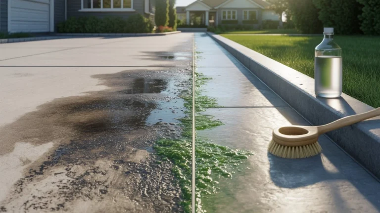 Can vinegar really clean your driveway — split view showing dirty stained concrete on left and clean concrete on right with vinegar bottle and scrub brush