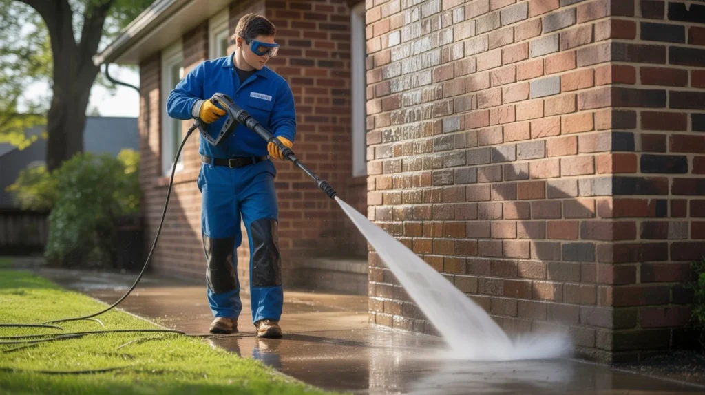 Can You Pressure Wash a Brick House? residential brick house wall being pressure washed by technician