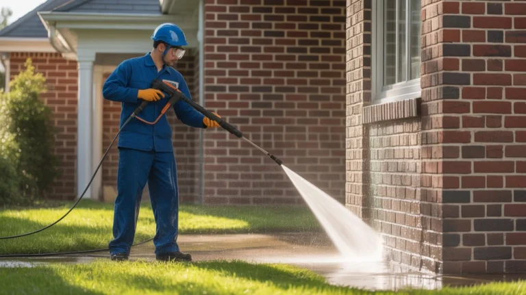 Can You Pressure Wash a Brick House? professional worker pressure washing brick house exterior wall safely