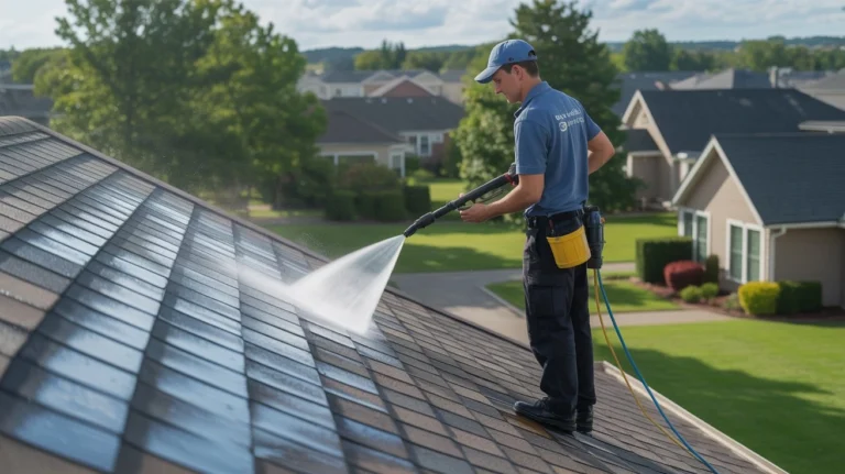 Does roof cleaning really work — professional soft washing a residential asphalt shingle roof with low pressure spray