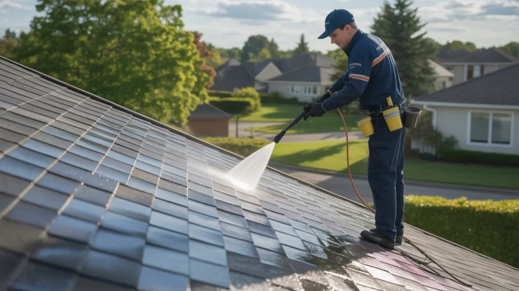 Does roof cleaning really work — professional technician in uniform soft washing asphalt shingles on a residential roof