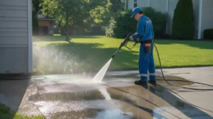 What Is the Best Pressure for Pressure Washing — professional worker in blue uniform pressure washing a concrete driveway