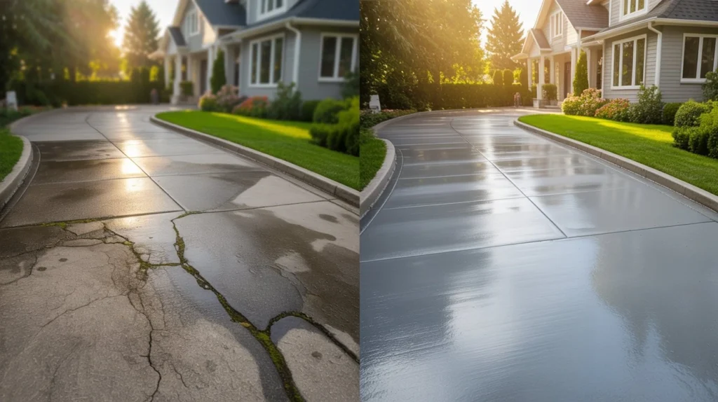 How do I make my driveway look new again — before and after split view showing cracked faded concrete driveway restored to smooth sealed surface with suburban home and green lawn