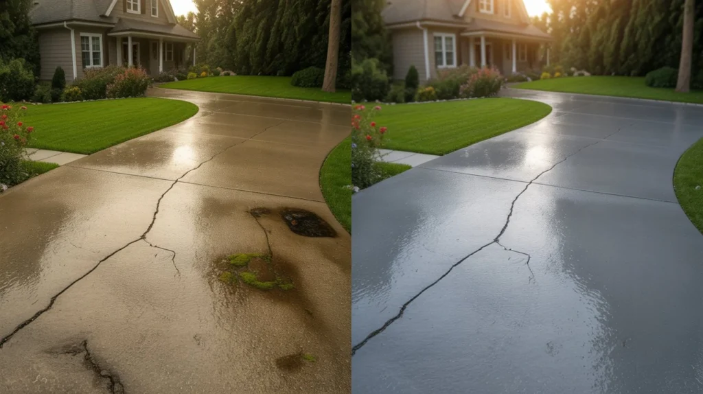How do I make my driveway look new again — split image of damaged concrete driveway with cracks and oil stains on left versus freshly restored smooth sealed driveway on right