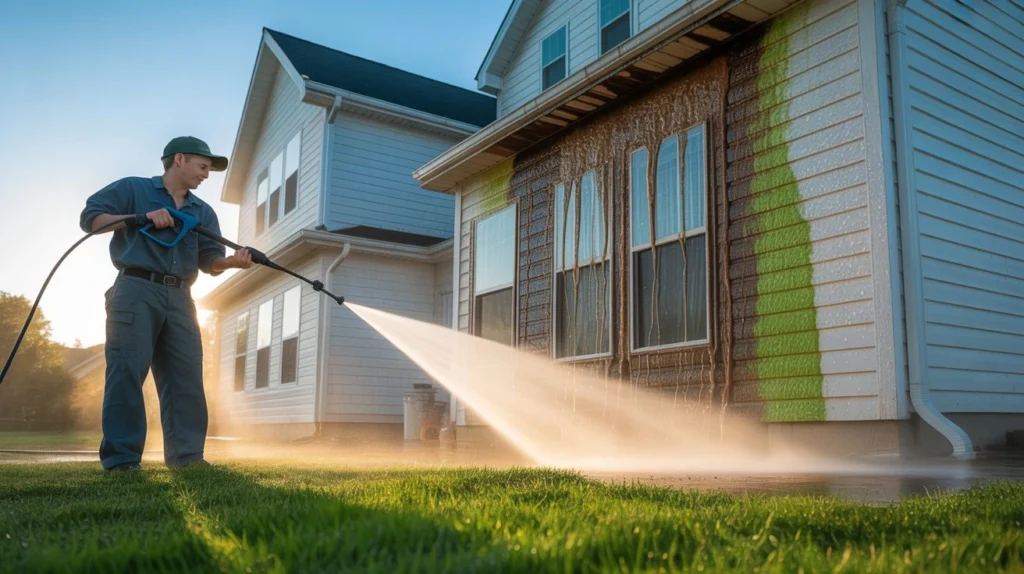 How do professionals clean houses so fast by using pressure washing equipment to clean house exterior siding quickly