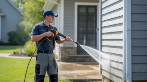 Is powerwashing your house a good idea — professional in uniform pressure washing home exterior and pathway