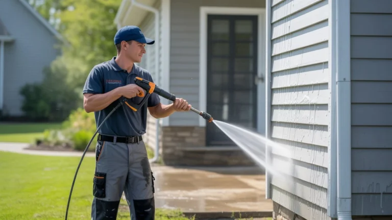 Is powerwashing your house a good idea — professional in uniform pressure washing home exterior and pathway