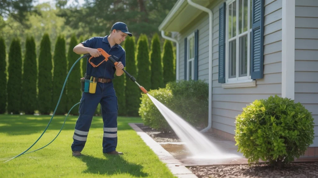 Is powerwashing your house a good idea — professional technician cleaning home exterior siding with pressure washer