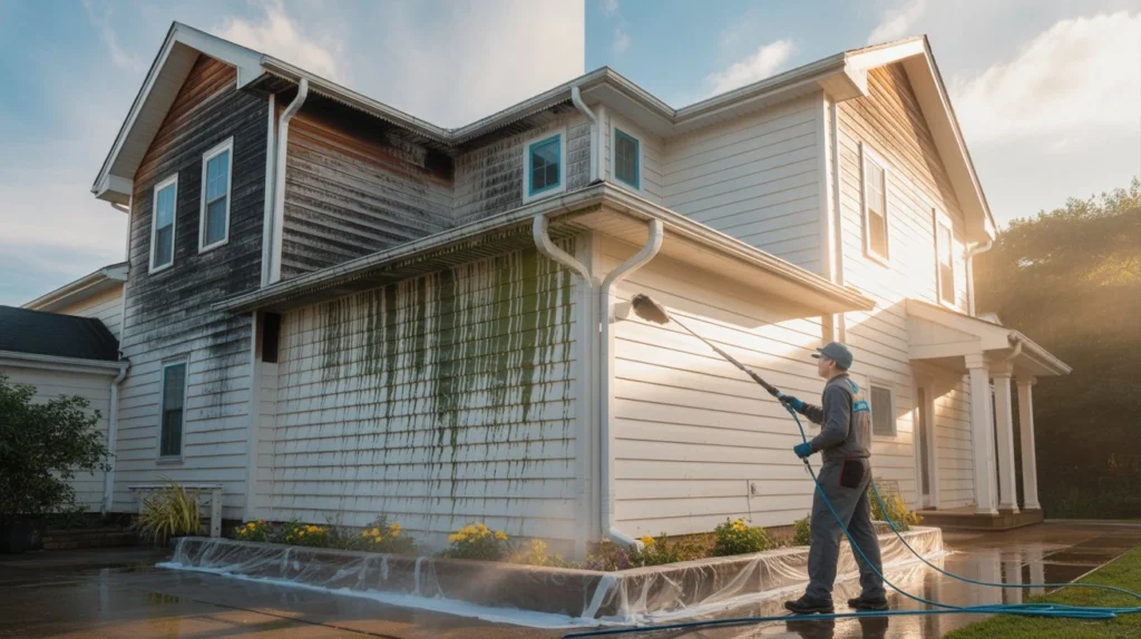 What does a house wash include — professional removing green algae from white house siding with pressure washer