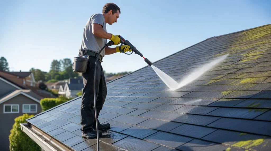 What Is the 3 Second Rule in Cleaning - professional worker pressure washing green moss off residential roof shingles on a sunny day