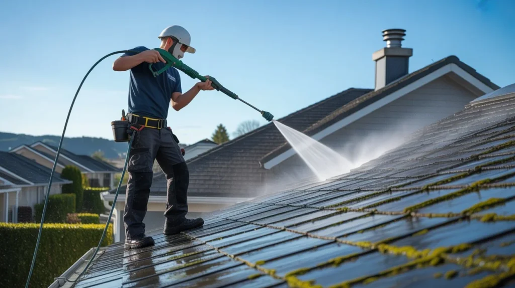 What Is the 3 Second Rule in Cleaning - roof cleaning professional in safety helmet pressure washing moss and algae off wet roof tiles