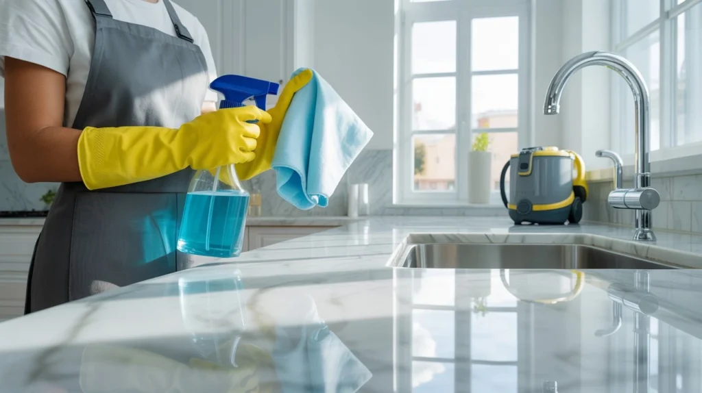 Cleaner in yellow gloves using a spray bottle and microfiber cloth to sanitize a marble kitchen countertop as part of the 7 stages of cleaning