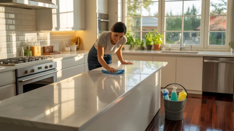 What Are the 5 Rules of Smart Cleaning — homeowner wiping kitchen countertop with microfiber cloth