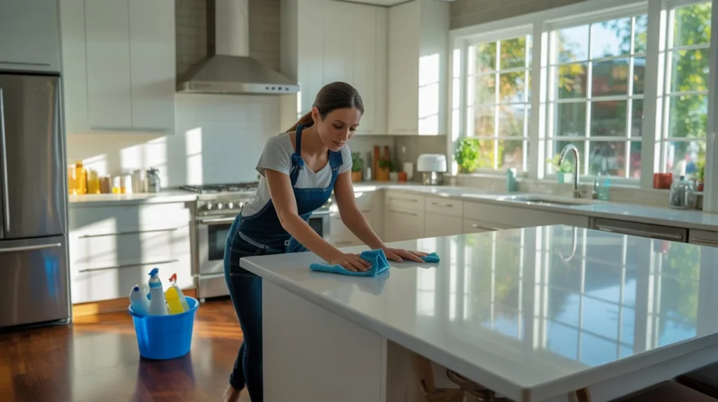 What Are the 5 Rules of Smart Cleaning — professional cleaner wiping white kitchen island with microfiber cloth