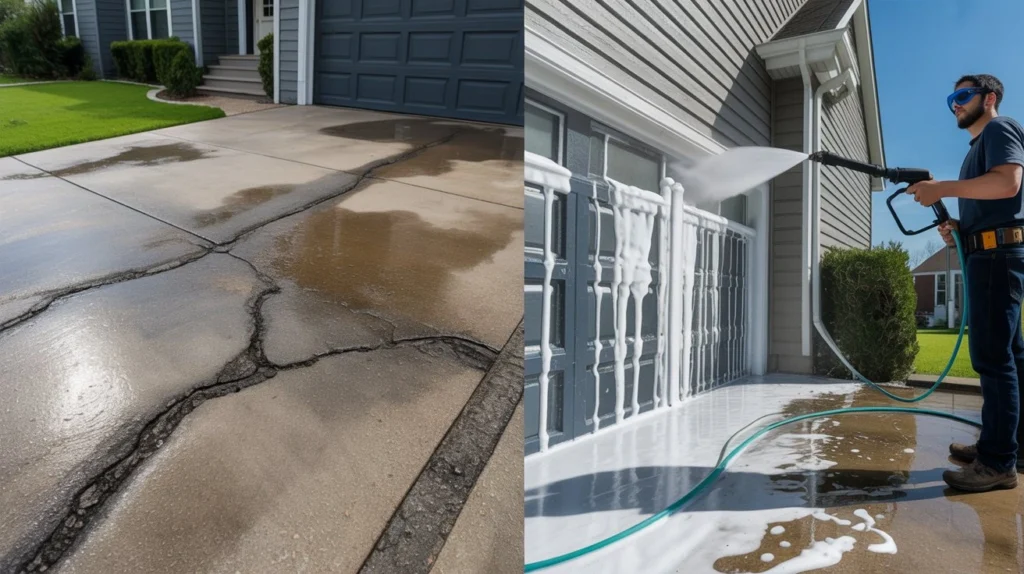 What chemical is used for house washing - before and after split showing soft wash chemicals on driveway and house siding