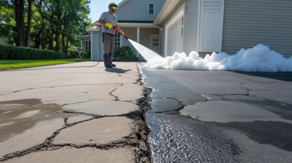 What chemical is used for house washing - technician applying sodium hypochlorite foam on cracked driveway