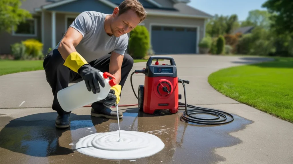 What chemicals to use when pressure washing concrete – man in yellow and black gloves applying white cleaning solution from a spray bottle onto a foam-covered concrete driveway next to a red pressure washer