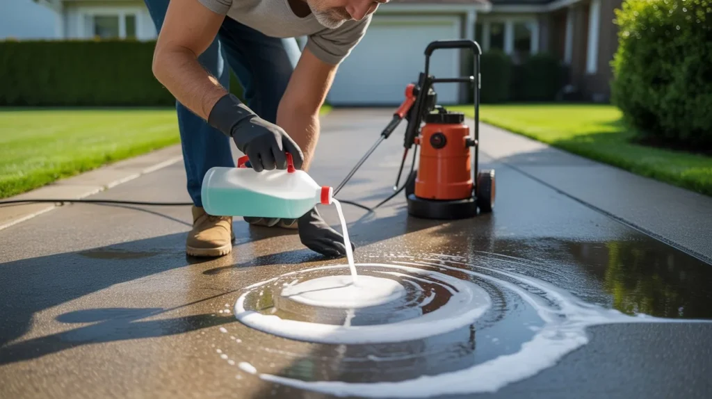 What chemicals to use when pressure washing concrete – man in black gloves pouring liquid cleaning solution onto a wet concrete driveway with an orange pressure washer nearby