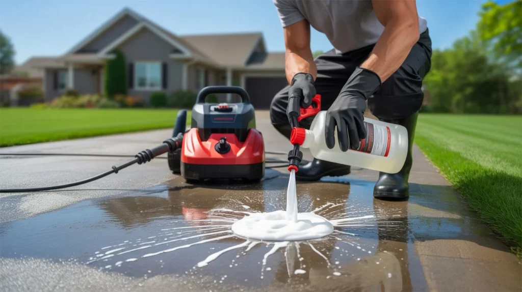 What chemicals to use when pressure washing concrete – person in black gloves pouring white foaming detergent from a bottle onto a wet driveway beside a red electric pressure washer