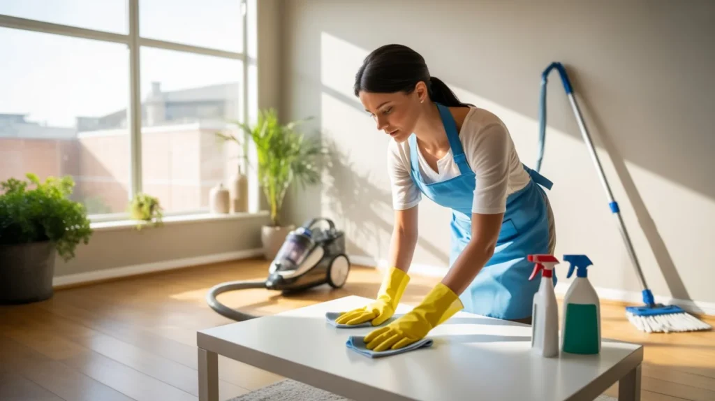 What does a basic house cleaning include – professional female cleaner in blue apron scrubbing a white table with yellow gloves, vacuum and spray bottles visible in a bright apartment