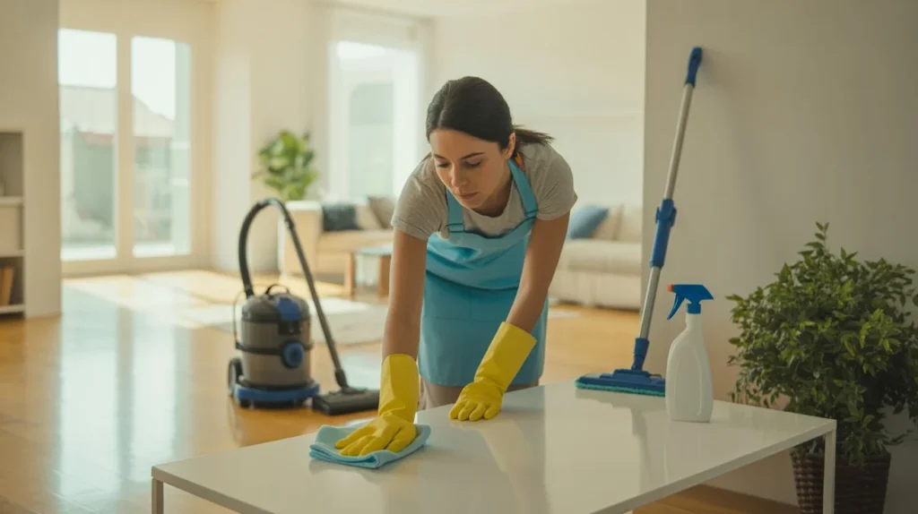 What does a basic house cleaning include – woman in blue apron and yellow gloves wiping a white table with a cloth in a bright living room with vacuum and mop nearby