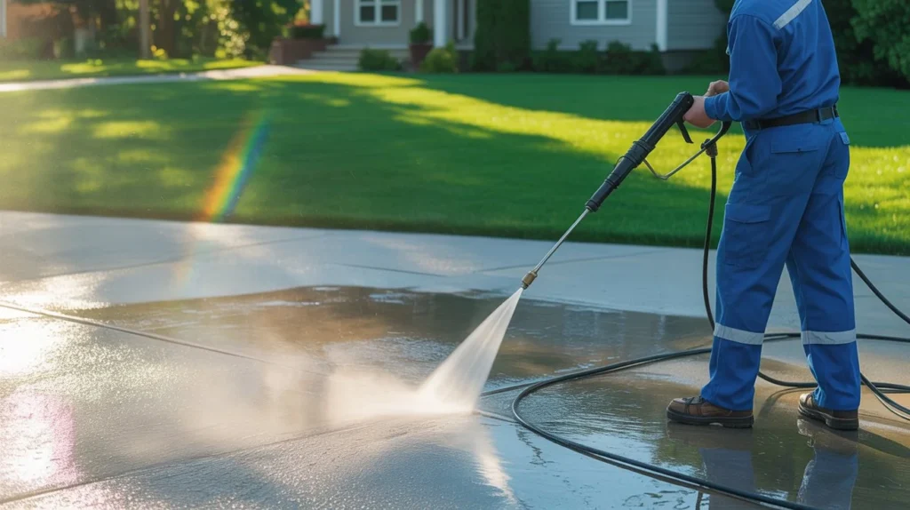 What Is the Best Pressure for Pressure Washing — close up of pressure washer cleaning a wet concrete driveway with high pressure water stream