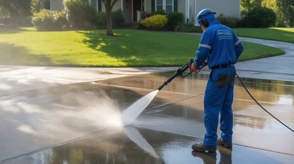 What Is the Best Pressure for Pressure Washing — pressure washing technician cleaning a residential concrete driveway with high pressure spray