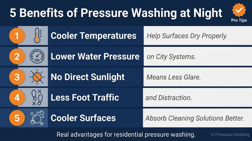 5 benefits of pressure washing at night infographic including cooler temperatures, lower water pressure, no sunlight glare, less foot traffic, and better solution absorption