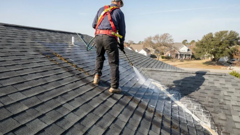 Can a Soft Wash Damage a Roof? Professional technician safely cleaning asphalt shingles using a low-pressure soft wash method.