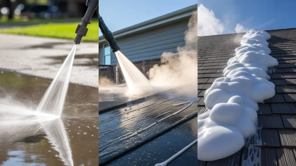 What are the three methods of washing shown in a three panel image of pressure washing a driveway power washing a roof and soft wash foam on shingles