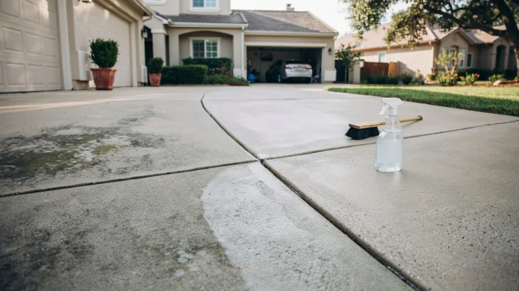 Can I clean my driveway with bleach showing before and after results on a concrete driveway with green algae stains