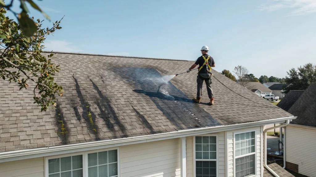 Can a Soft Wash Damage a Roof? Expert applying a soft wash solution to remove roof stains and algae safely.