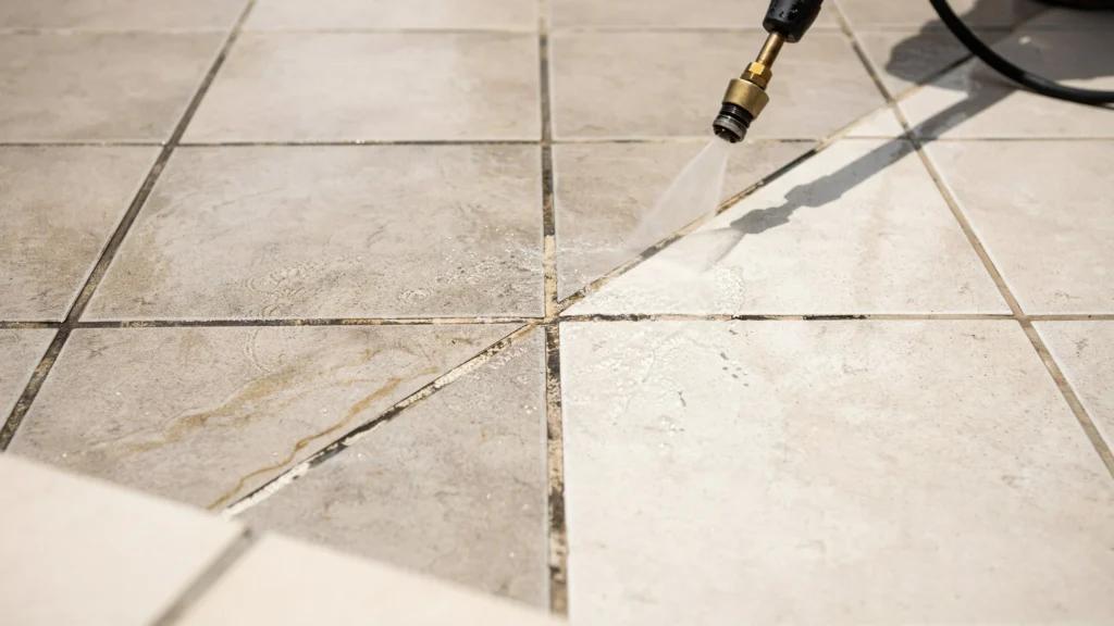 Can you pressure wash tile grout with heavy black mold and dark staining on outdoor tiles