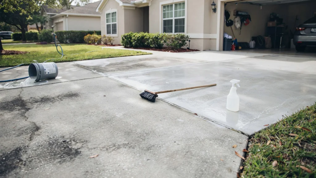 Can I clean my driveway with bleach using a scrub brush and spray bottle on a concrete driveway