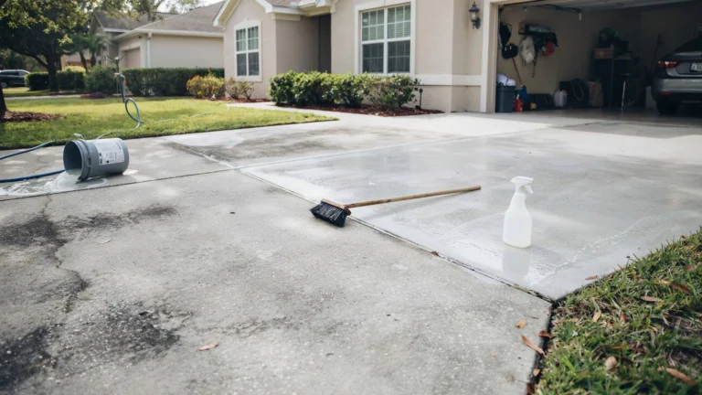 Can I clean my driveway with bleach using a scrub brush and spray bottle on a concrete driveway
