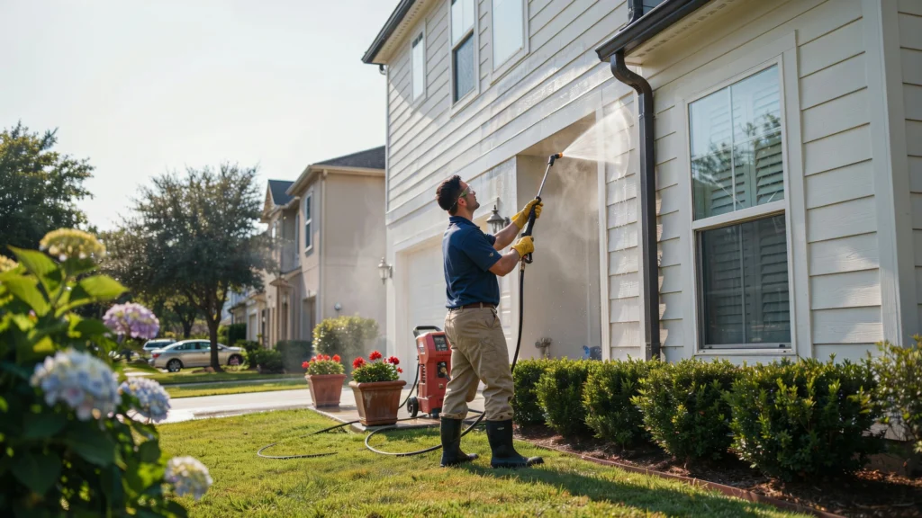 Pressure washing technician spraying high-pressure water on the exterior siding of a suburban two-story house surrounded by green landscaping and flowers.