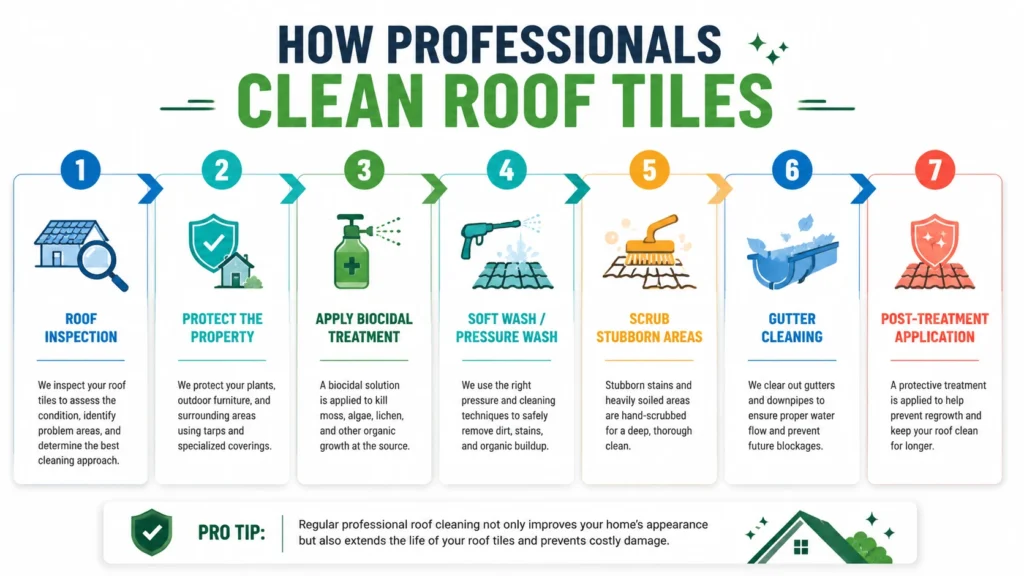 How professionals clean roof tiles infographic showing roof inspection, biocidal treatment, soft washing, scrubbing, gutter cleaning, and post-treatment protection