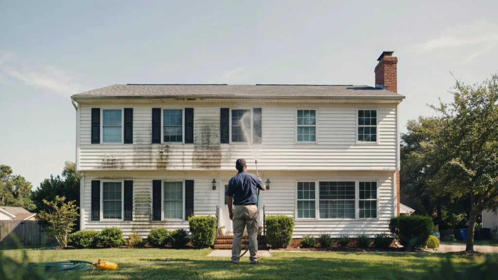 How to Prepare for House Washing - technician removing heavy algae and mold buildup from white two-story home siding