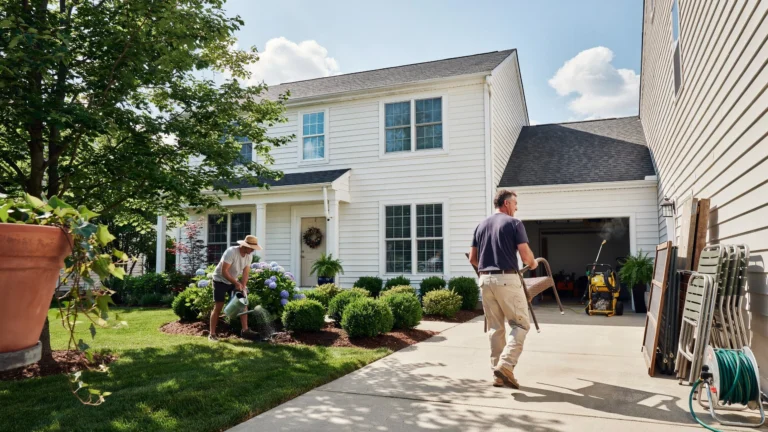 How to Prepare for House Washing - homeowners watering plants and moving outdoor furniture before pressure washing